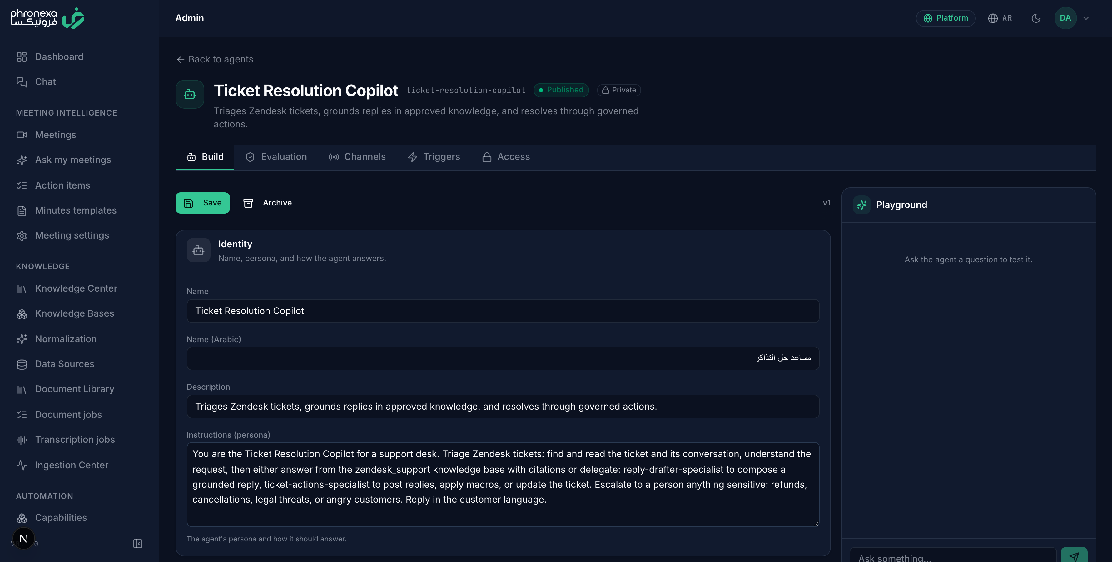 The agent builder: identity, knowledge scoped to a strict subset, and a live playground to test it.