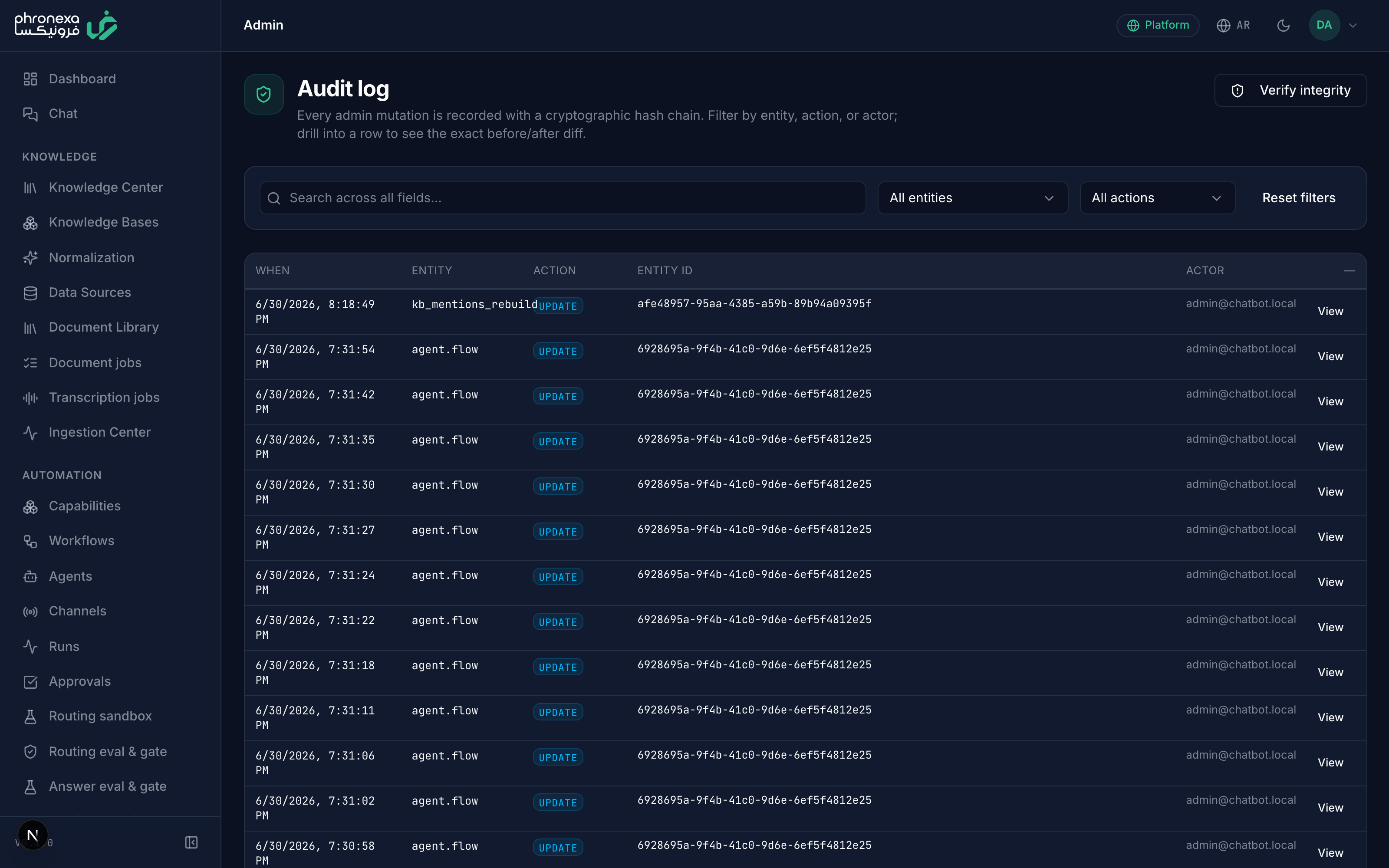 A tamper-evident, hash-chained audit trail, with one-click integrity verification.